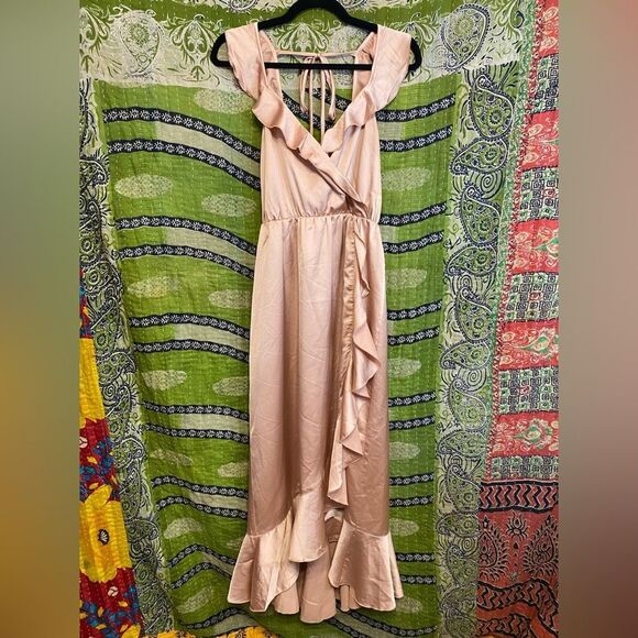 Show Me Your Mumu Rose Gold Samantha Ruffle Wrap Dress Size Medium MISSING SASH - Picture 2 of 16